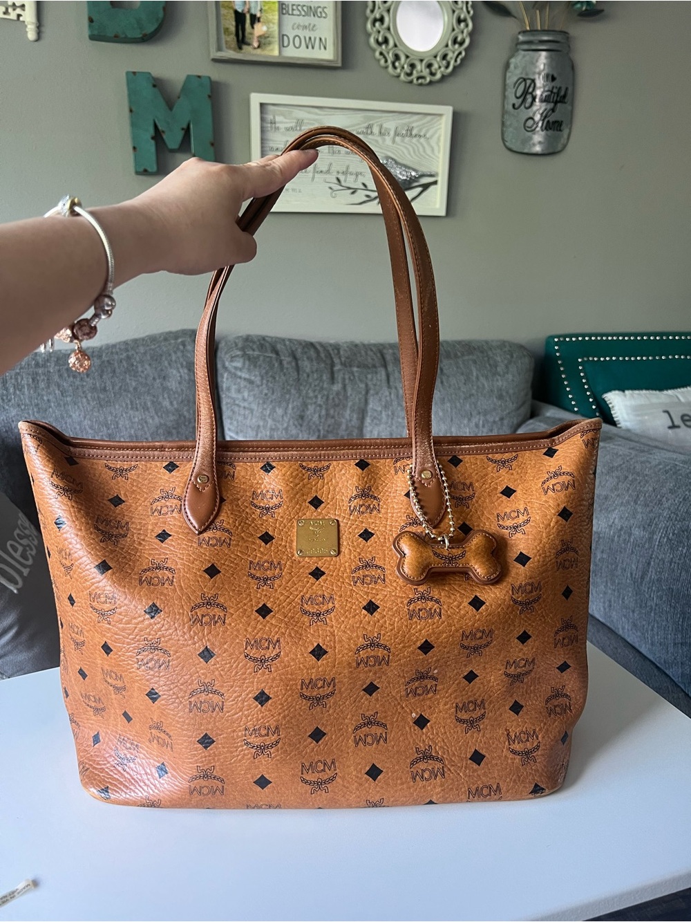 MCM Tan Visetos Monogram Shoulder Tote
